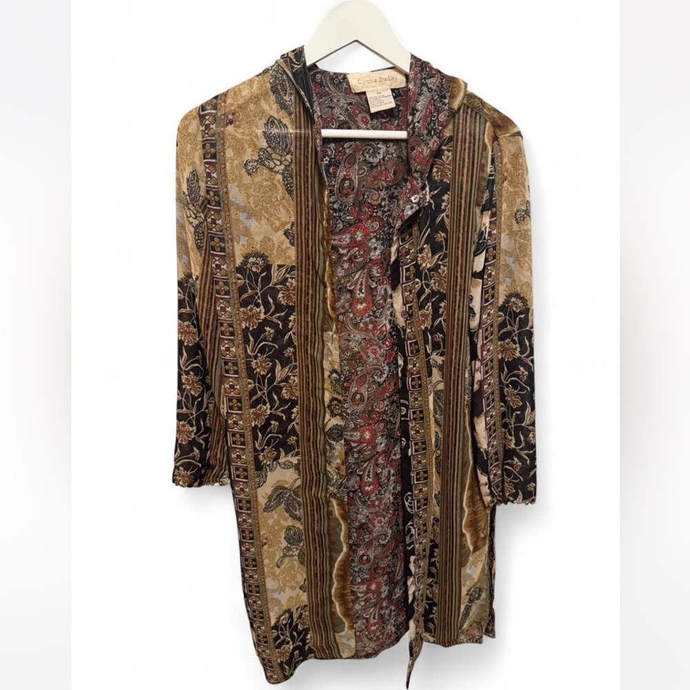 Cynthia Bradley brown floral Paisley button front hooded cardigan reversible